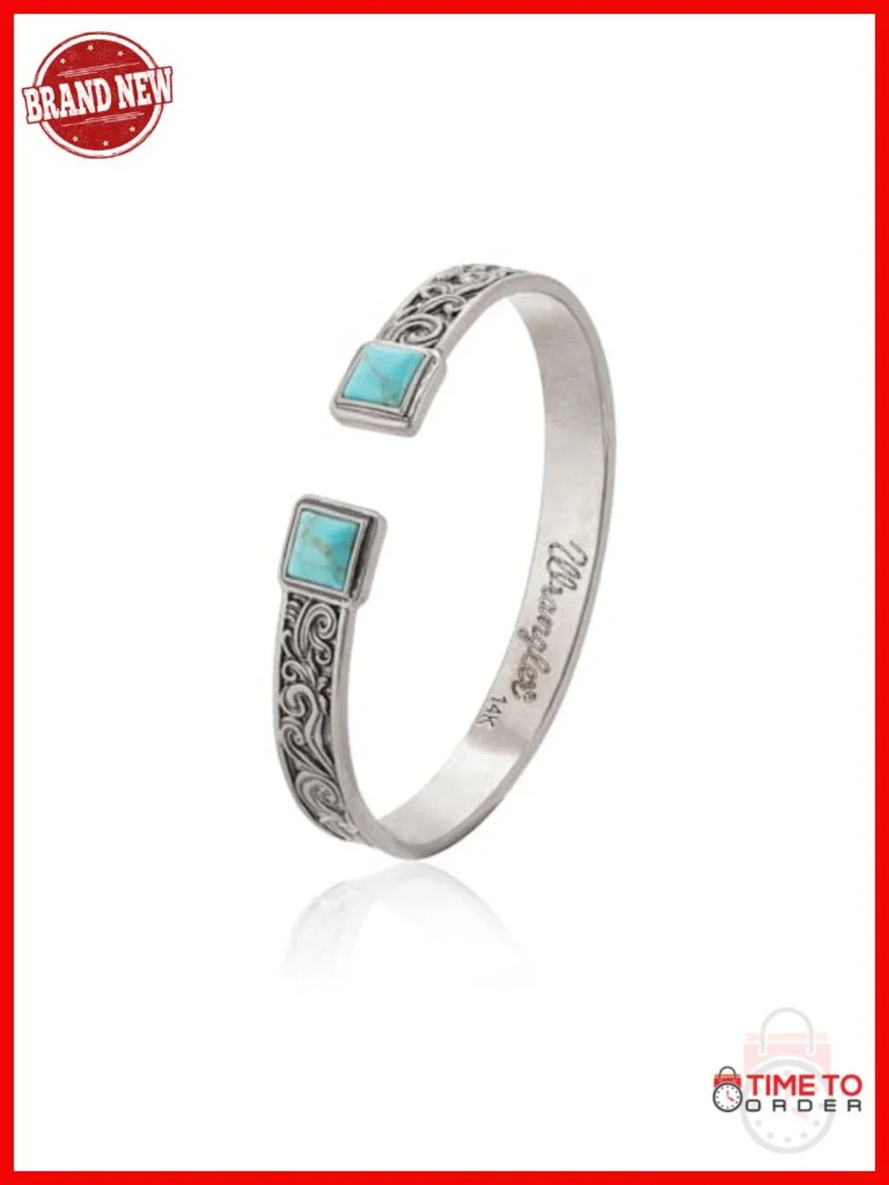 Western Turquoise Cuff Bracelet Silver Plated Carved Floral Adjustable Open